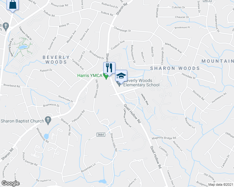 map of restaurants, bars, coffee shops, grocery stores, and more near Quail Hollow Road & Heathstead Place in Charlotte