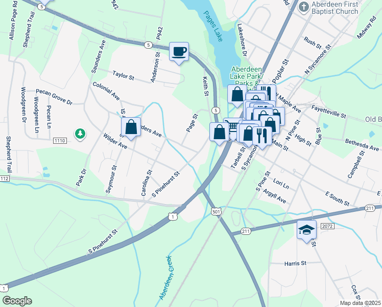 map of restaurants, bars, coffee shops, grocery stores, and more near 401 Saunders Avenue in Aberdeen