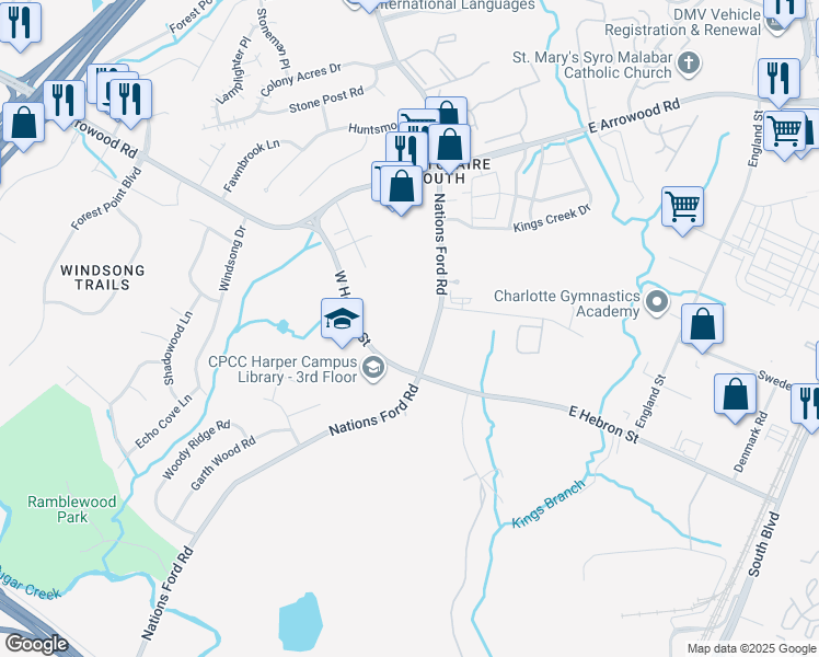 map of restaurants, bars, coffee shops, grocery stores, and more near 9309 Sprinkle Lane in Charlotte
