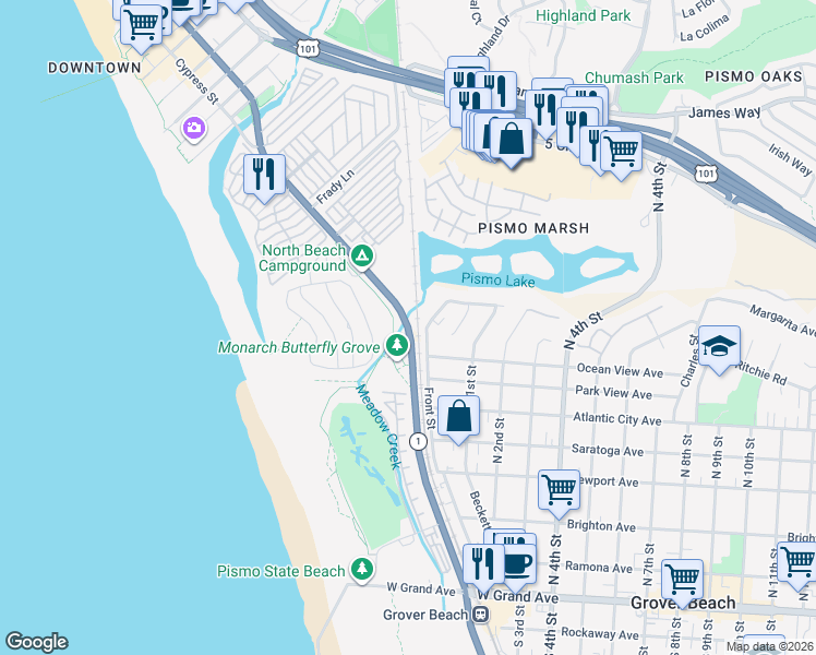 map of restaurants, bars, coffee shops, grocery stores, and more near 200 South Dolliver Street in Pismo Beach