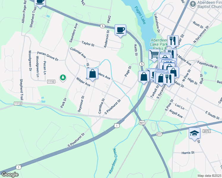 map of restaurants, bars, coffee shops, grocery stores, and more near 501 Carolina Street in Aberdeen