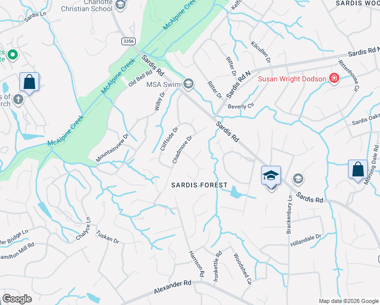 map of restaurants, bars, coffee shops, grocery stores, and more near 313 Chadmore Drive in Charlotte