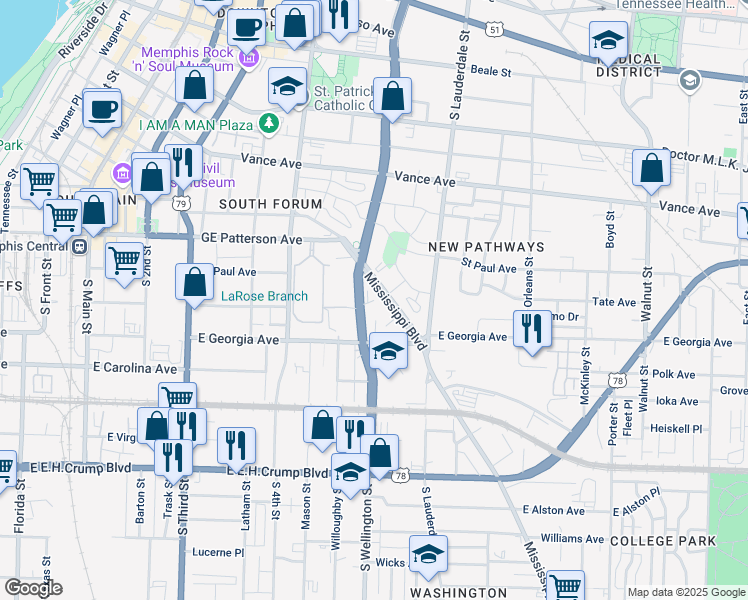 map of restaurants, bars, coffee shops, grocery stores, and more near 613 Mississippi Boulevard in Memphis