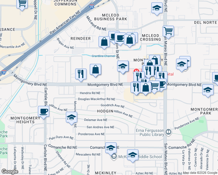 map of restaurants, bars, coffee shops, grocery stores, and more near 4400 Montgomery Boulevard Northeast in Albuquerque