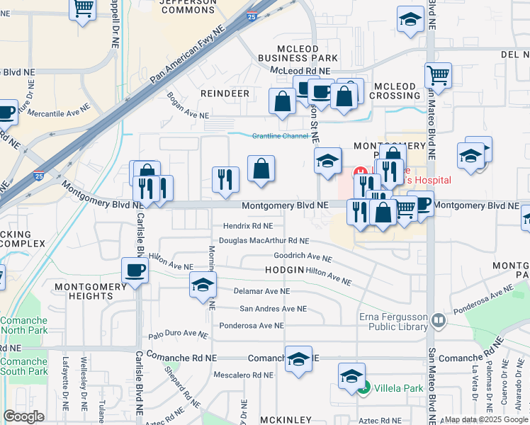 map of restaurants, bars, coffee shops, grocery stores, and more near 4309 Hendrix Road Northeast in Albuquerque