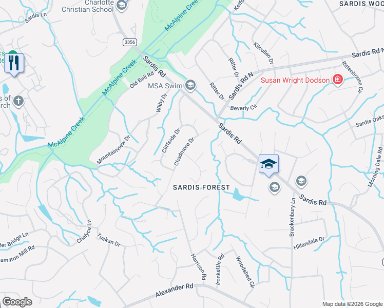 map of restaurants, bars, coffee shops, grocery stores, and more near 313 Chadmore Drive in Charlotte