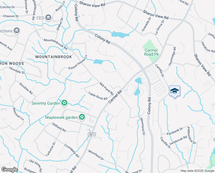 map of restaurants, bars, coffee shops, grocery stores, and more near 3645 Mill Pond Road in Charlotte