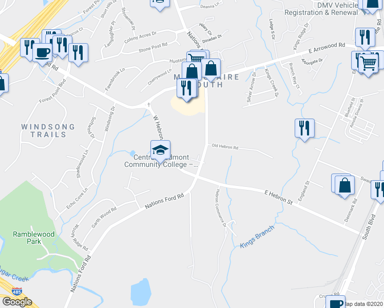 map of restaurants, bars, coffee shops, grocery stores, and more near 9309 Sprinkle Lane in Charlotte
