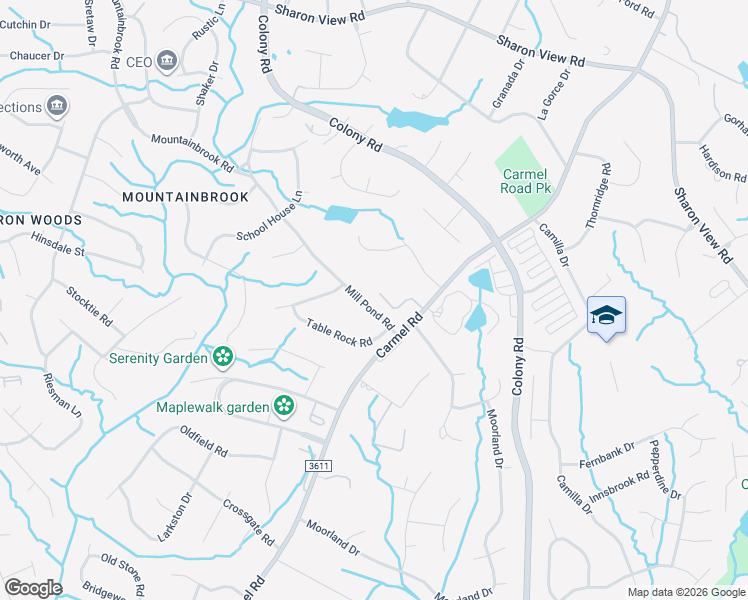 map of restaurants, bars, coffee shops, grocery stores, and more near 3645 Mill Pond Road in Charlotte