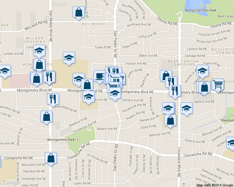 map of restaurants, bars, coffee shops, grocery stores, and more near 6200 Montgomery Boulevard Northeast in Albuquerque