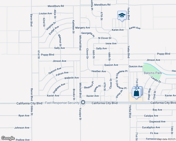 map of restaurants, bars, coffee shops, grocery stores, and more near Heather Avenue in California City