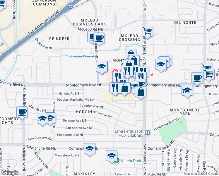 map of restaurants, bars, coffee shops, grocery stores, and more near 4600 A Montgomery Boulevard Northeast in Albuquerque