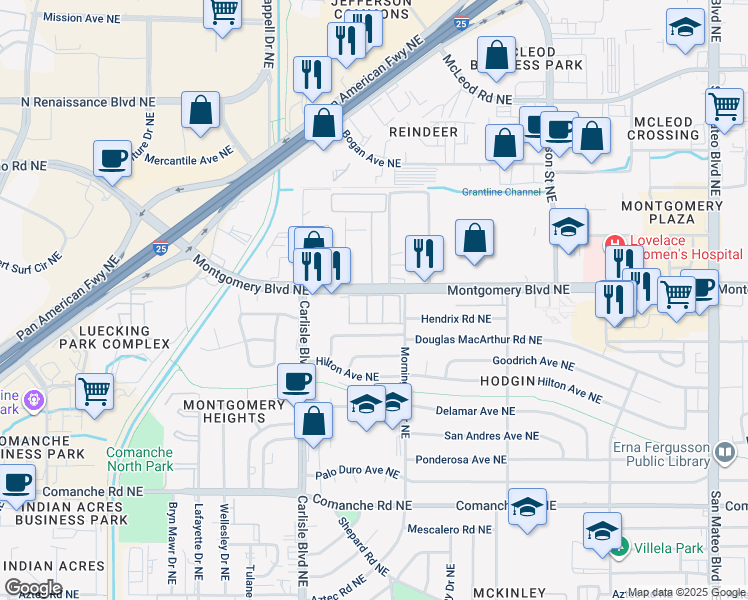 map of restaurants, bars, coffee shops, grocery stores, and more near 3958 Montgomery Boulevard Northeast in Albuquerque