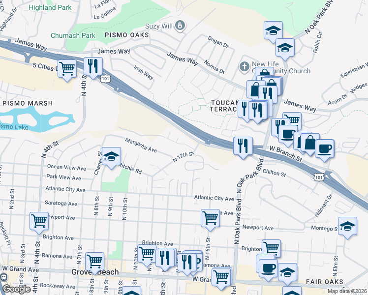 map of restaurants, bars, coffee shops, grocery stores, and more near 1170 Nacimiento Avenue in Grover Beach