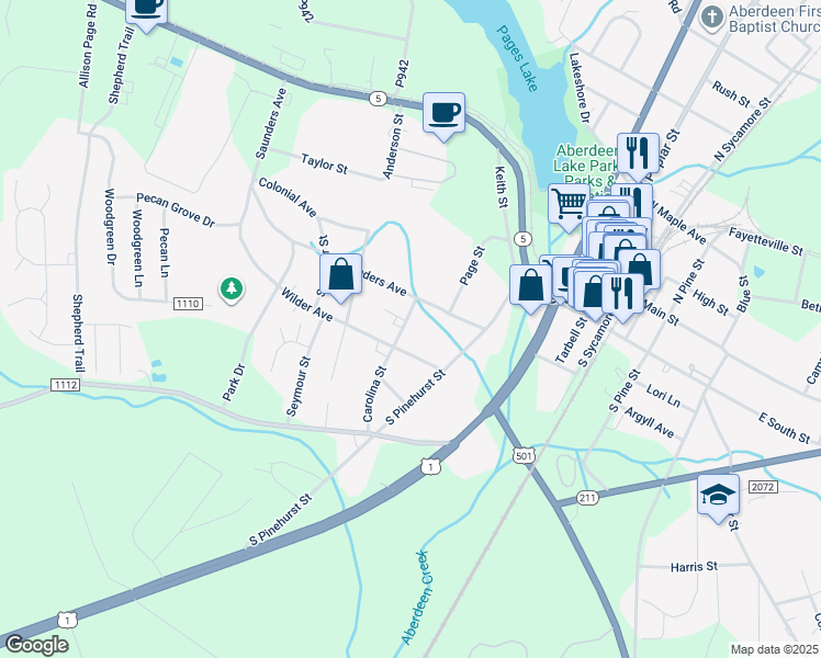 map of restaurants, bars, coffee shops, grocery stores, and more near 501 Carolina Street in Aberdeen