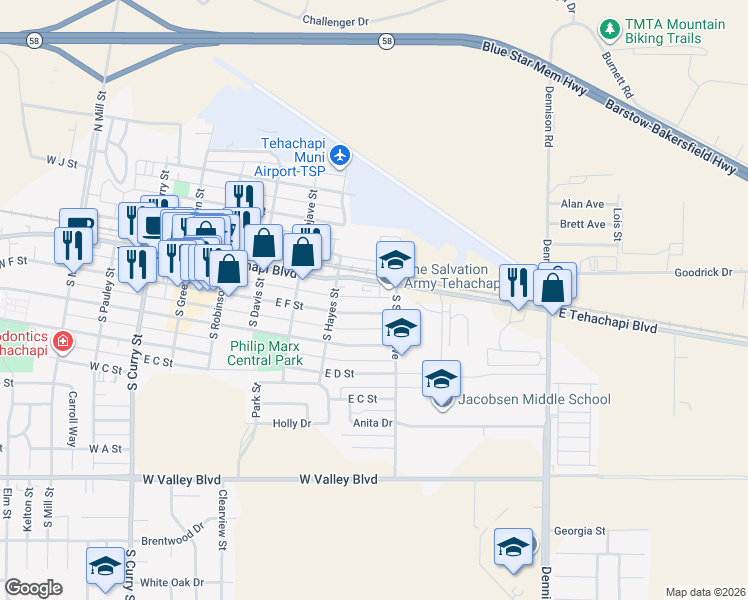 map of restaurants, bars, coffee shops, grocery stores, and more near 525 East F Street in Tehachapi