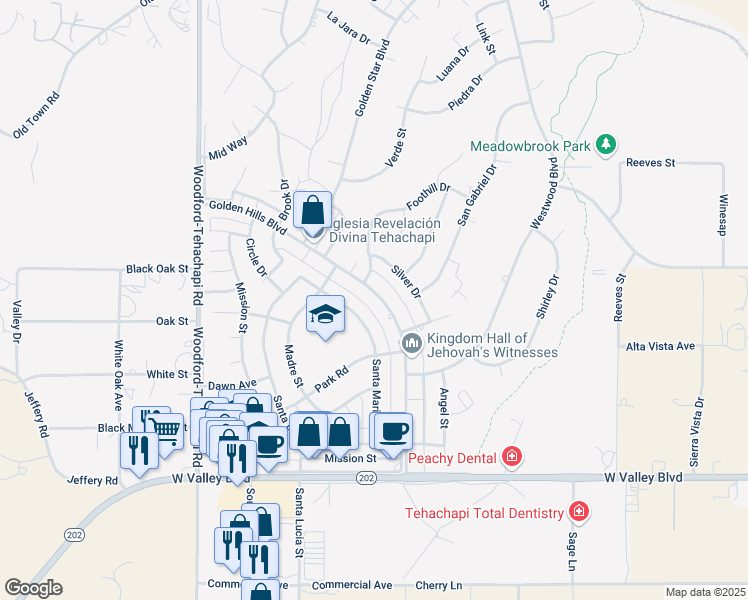 map of restaurants, bars, coffee shops, grocery stores, and more near 21421 Golden Hills Boulevard in Tehachapi
