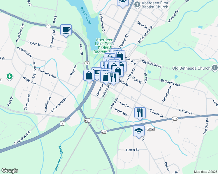 map of restaurants, bars, coffee shops, grocery stores, and more near South Street in Aberdeen