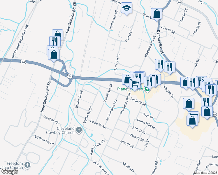 map of restaurants, bars, coffee shops, grocery stores, and more near 2505 Carroll Avenue Southeast in Cleveland