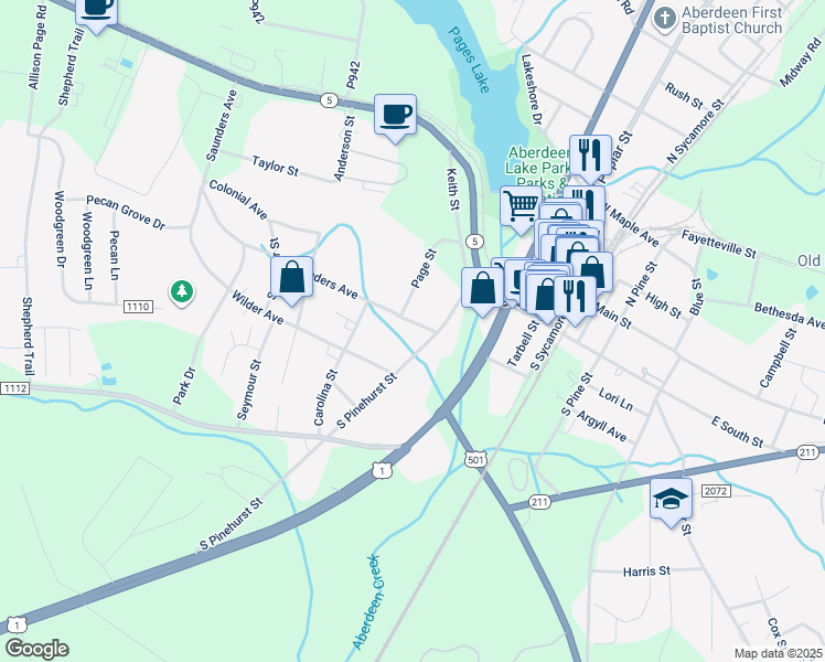 map of restaurants, bars, coffee shops, grocery stores, and more near 401 Saunders Avenue in Aberdeen