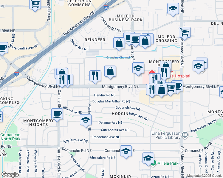 map of restaurants, bars, coffee shops, grocery stores, and more near 4200 Montgomery Boulevard Northeast in Albuquerque