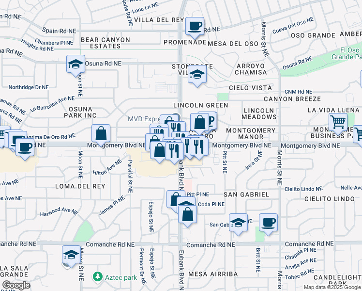 map of restaurants, bars, coffee shops, grocery stores, and more near Eubank Boulevard Northeast & Montgomery Boulevard Northeast in Albuquerque
