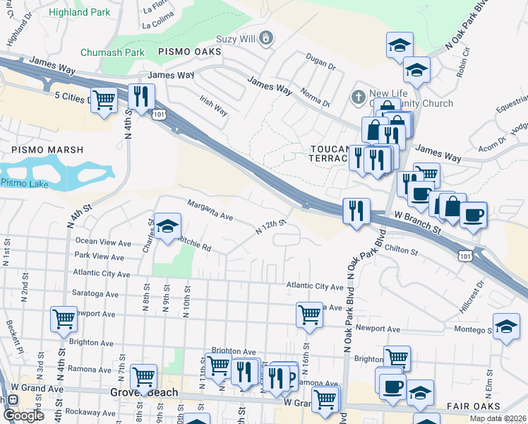 map of restaurants, bars, coffee shops, grocery stores, and more near 1158 Nacimiento Avenue in Grover Beach