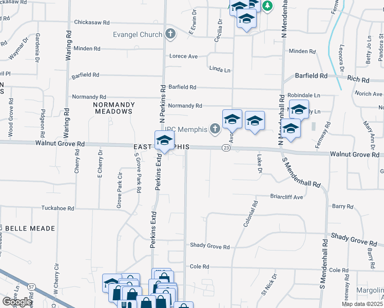 map of restaurants, bars, coffee shops, grocery stores, and more near 46 South Perkins Road in Memphis