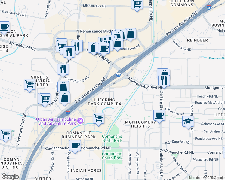 map of restaurants, bars, coffee shops, grocery stores, and more near 4318 Pan American Northeast in Albuquerque