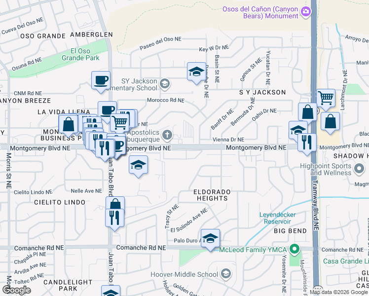 map of restaurants, bars, coffee shops, grocery stores, and more near 11800 Montgomery Boulevard Northeast in Albuquerque