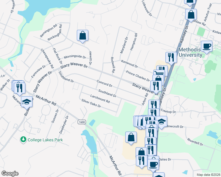 map of restaurants, bars, coffee shops, grocery stores, and more near 310 Southland Drive in Fayetteville