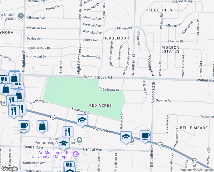 map of restaurants, bars, coffee shops, grocery stores, and more near 3880 North Galloway Drive in Memphis