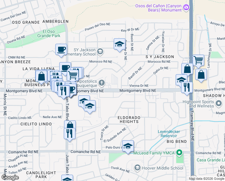 map of restaurants, bars, coffee shops, grocery stores, and more near 11800 Montgomery Boulevard Northeast in Albuquerque