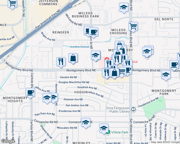 map of restaurants, bars, coffee shops, grocery stores, and more near 4400 Montgomery Boulevard Northeast in Albuquerque