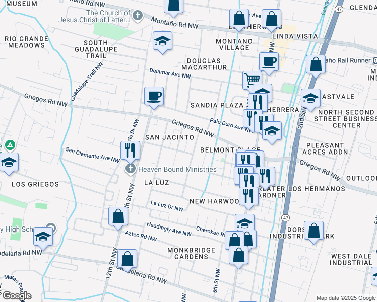 map of restaurants, bars, coffee shops, grocery stores, and more near 4517 9th Street Northwest in Albuquerque