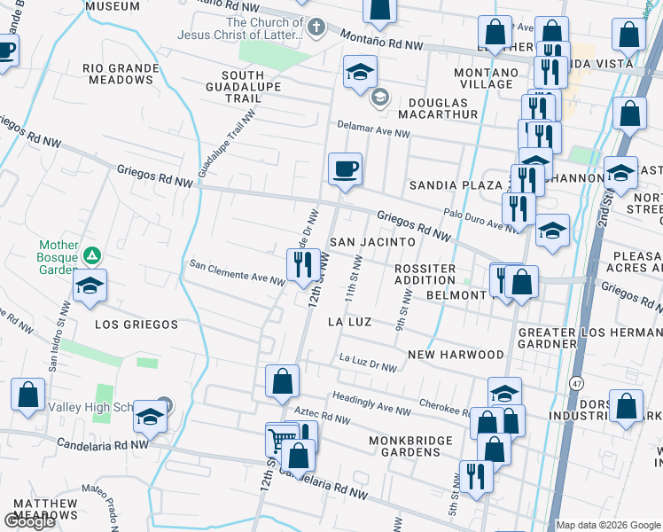 map of restaurants, bars, coffee shops, grocery stores, and more near 4429 11th Street Northwest in Albuquerque