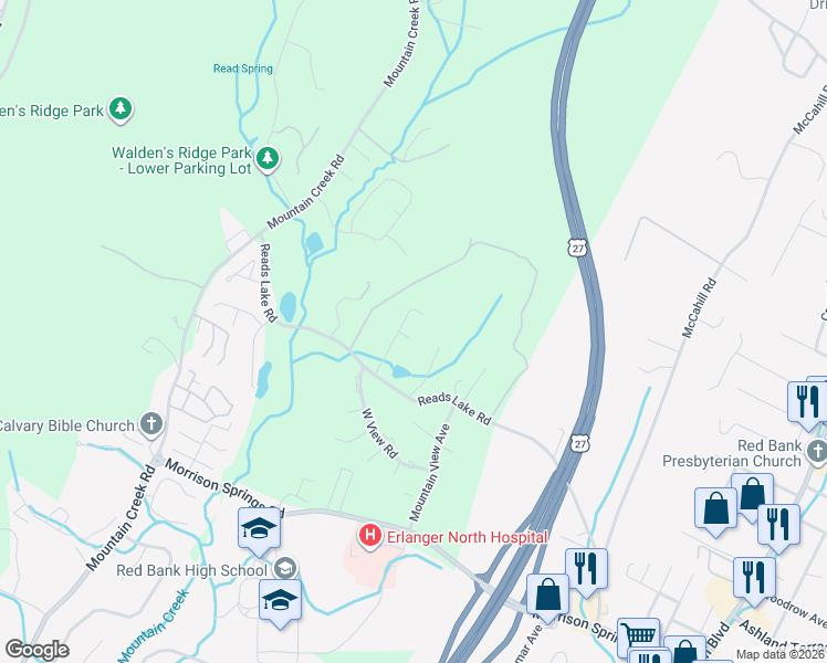 map of restaurants, bars, coffee shops, grocery stores, and more near 604 Spring Lake Court in Chattanooga