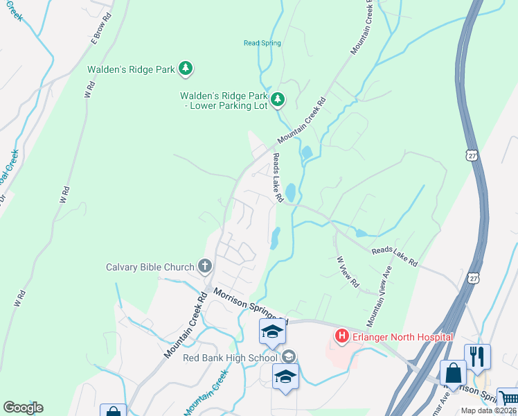 map of restaurants, bars, coffee shops, grocery stores, and more near 4061 Day Lily Trail in Chattanooga