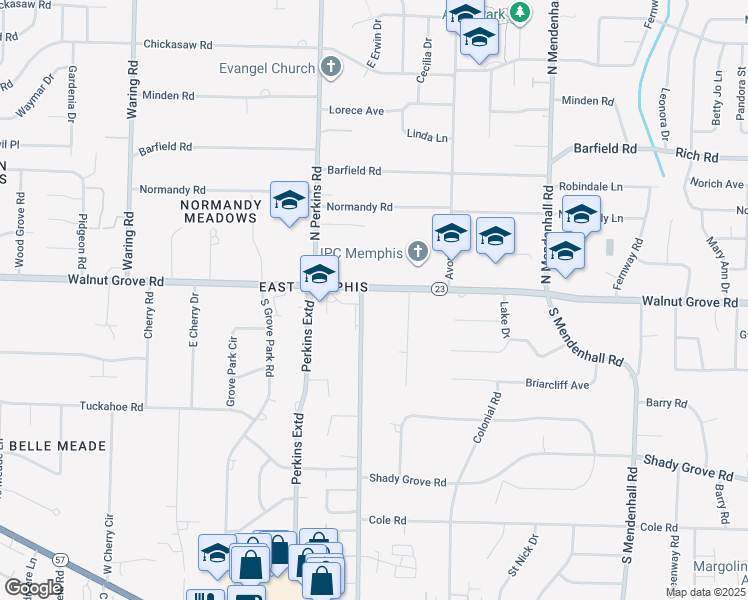 map of restaurants, bars, coffee shops, grocery stores, and more near 46 South Perkins Road in Memphis