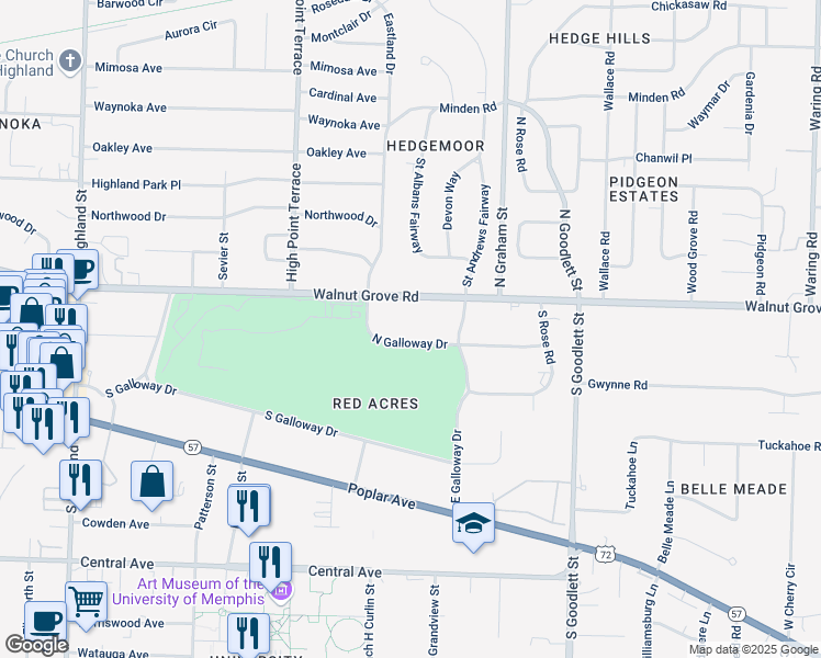 map of restaurants, bars, coffee shops, grocery stores, and more near 3880 North Galloway Drive in Memphis