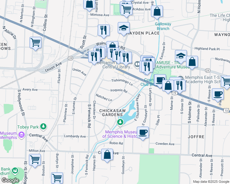 map of restaurants, bars, coffee shops, grocery stores, and more near 79 Lombardy Road in Memphis