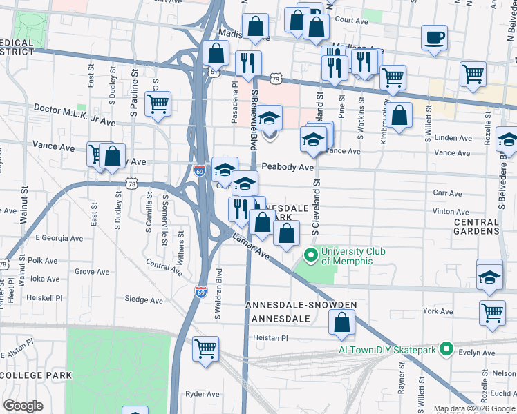 map of restaurants, bars, coffee shops, grocery stores, and more near 1228 Harbert Avenue in Memphis