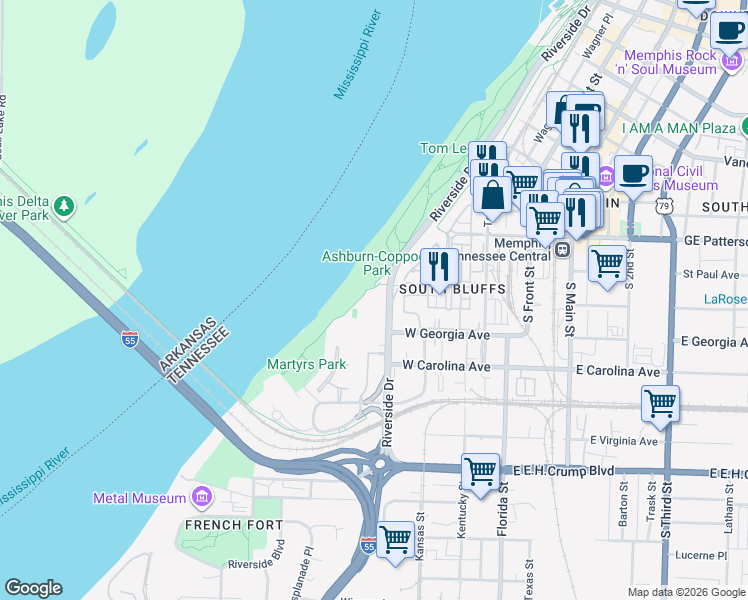 map of restaurants, bars, coffee shops, grocery stores, and more near in Memphis