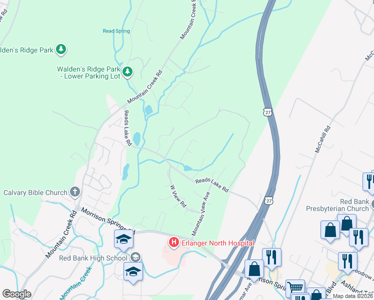 map of restaurants, bars, coffee shops, grocery stores, and more near 4514 Spring Lake Road in Chattanooga