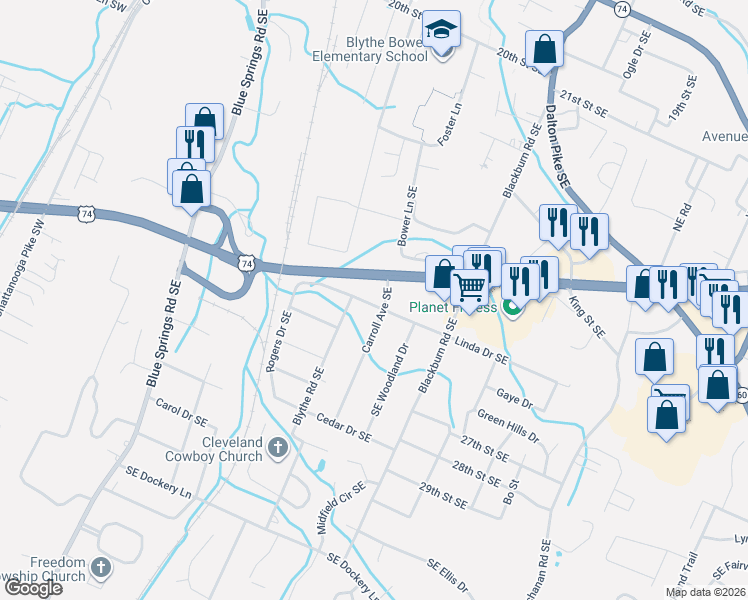 map of restaurants, bars, coffee shops, grocery stores, and more near 616 Linda Drive Southeast in Cleveland