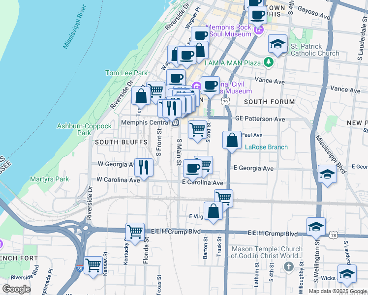 map of restaurants, bars, coffee shops, grocery stores, and more near 618 South Main Street in Memphis