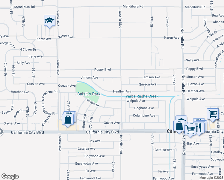 map of restaurants, bars, coffee shops, grocery stores, and more near 74th Street in California City