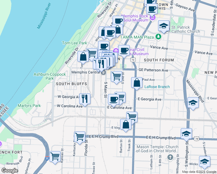map of restaurants, bars, coffee shops, grocery stores, and more near 618 South Main Street in Memphis