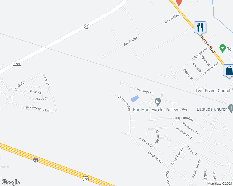map of restaurants, bars, coffee shops, grocery stores, and more near 4320 Elizabeth Avenue in New Bern
