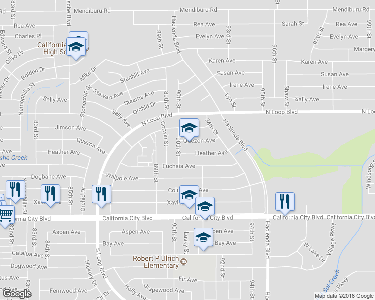 map of restaurants, bars, coffee shops, grocery stores, and more near 9031 Heather Avenue in California City